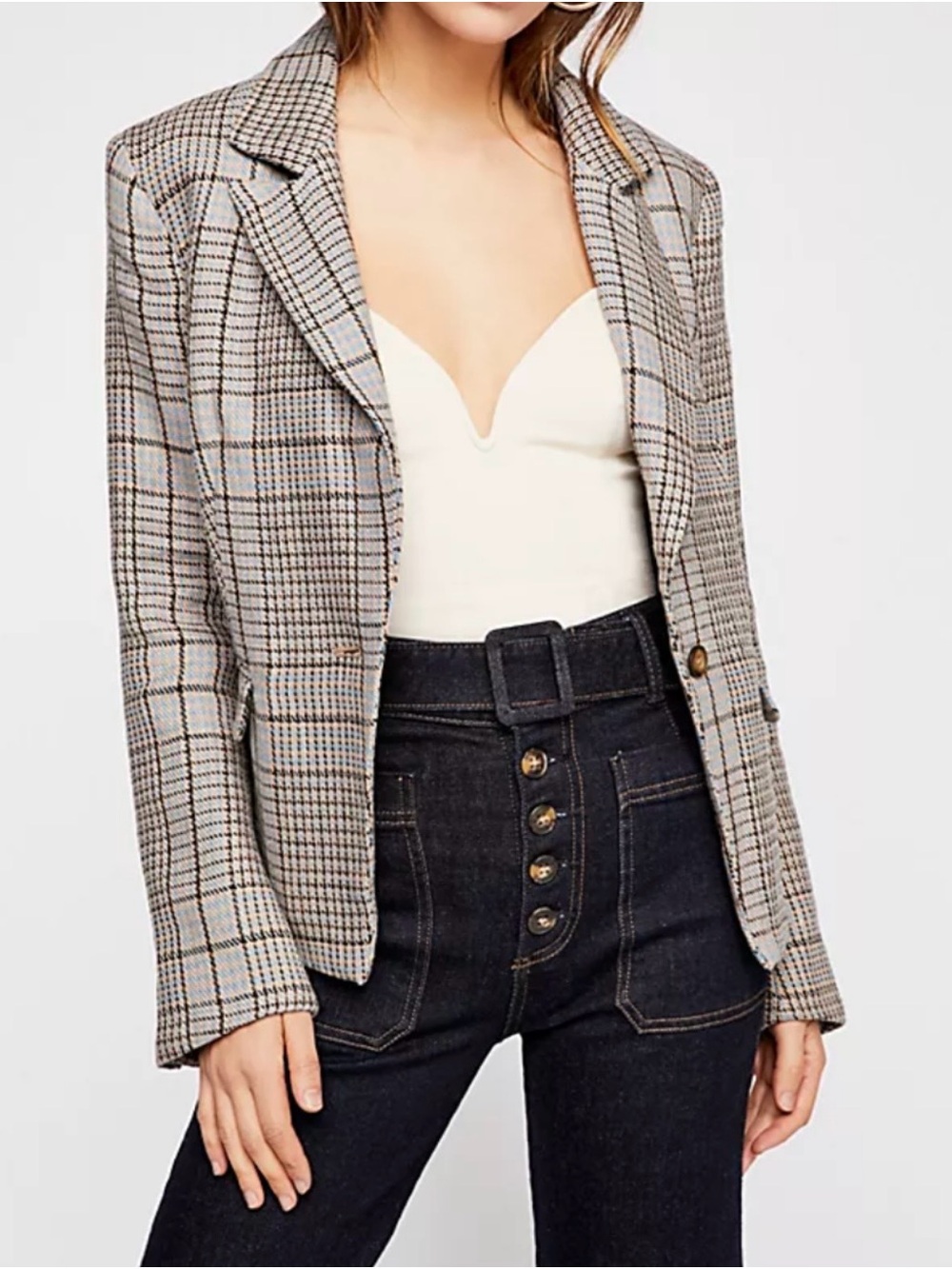 Free People Chess Plaid Blazer XS 100% Linen Beige Black Blue Houndstooth